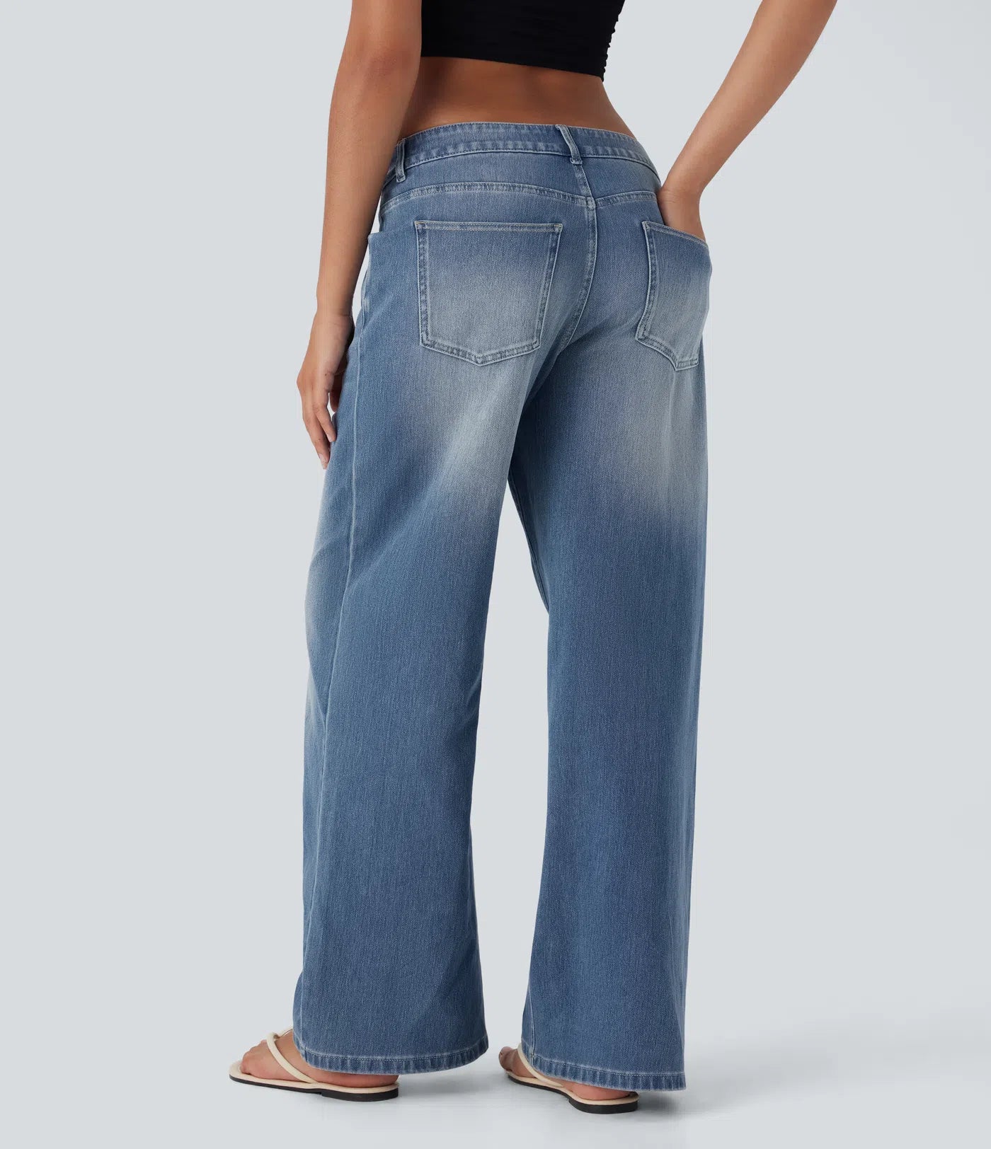 BumFlair - Asymmetric Low Rise Zipper Pockets Baggy Wide Leg Washed Casual Jeans