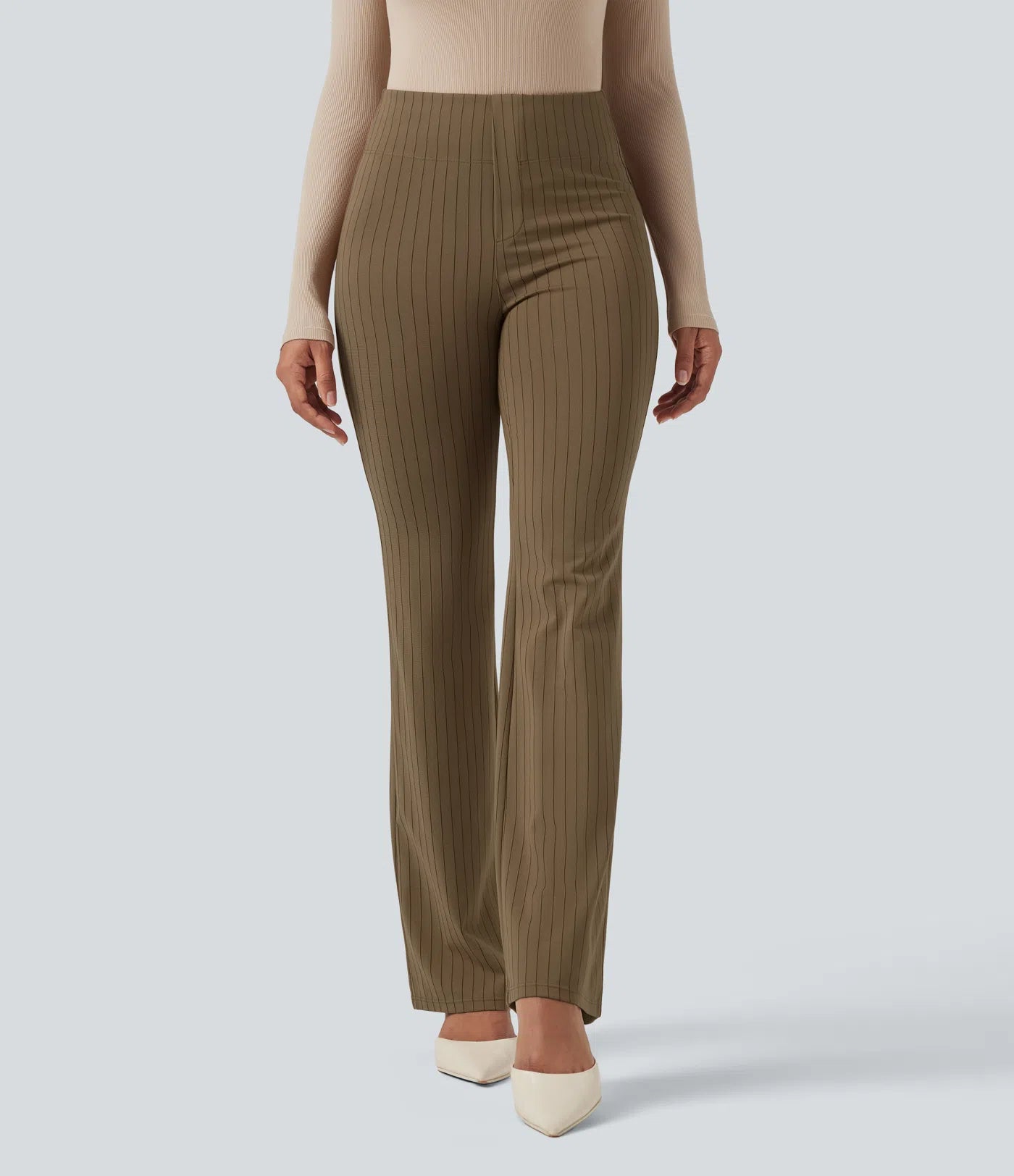 BumFlair - High Waisted Striped Work Flare Pants with Pockets