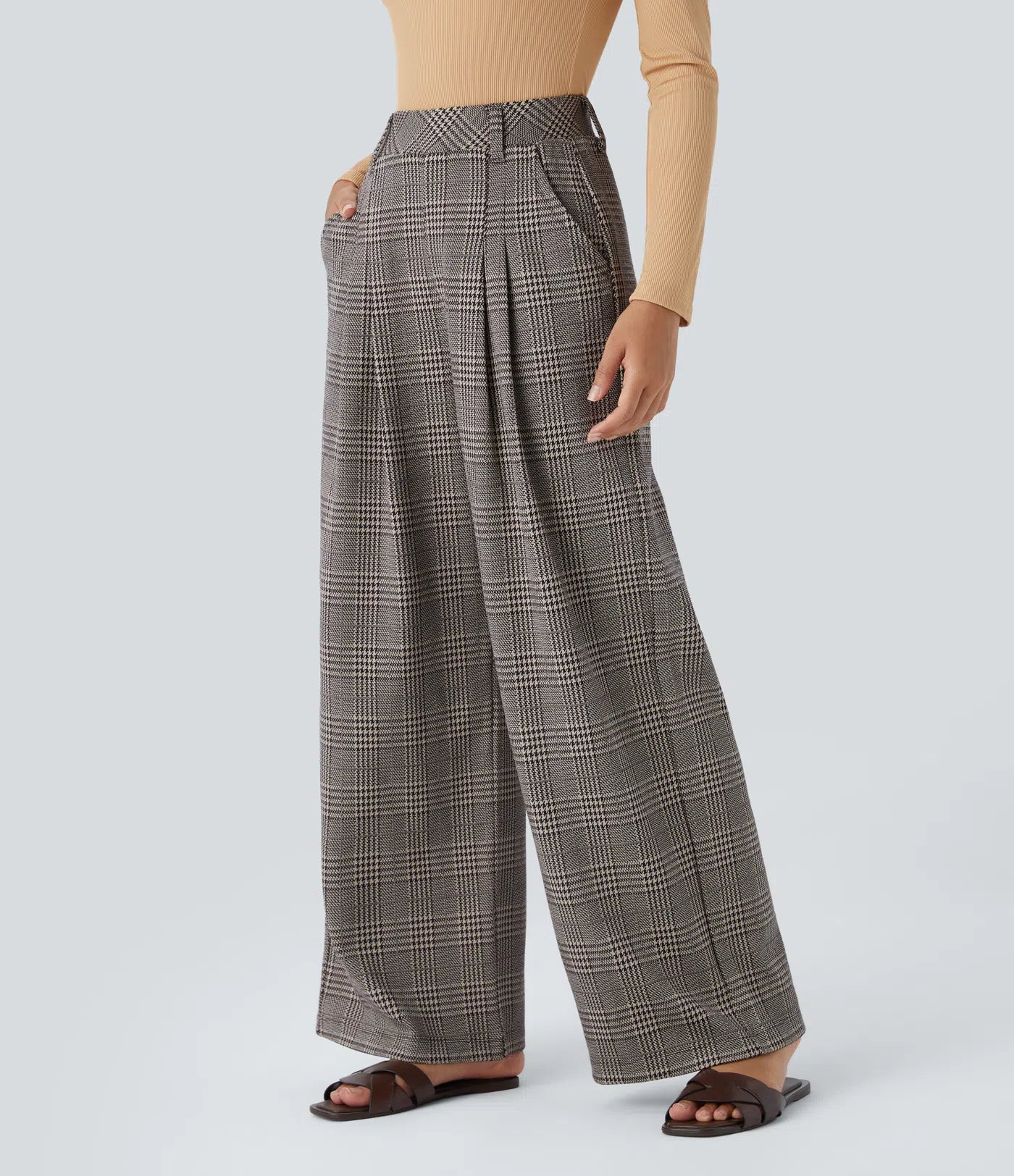 BumFlair - High Waisted Pocket Wide Leg Houndstooth Plaid Casual Pants
