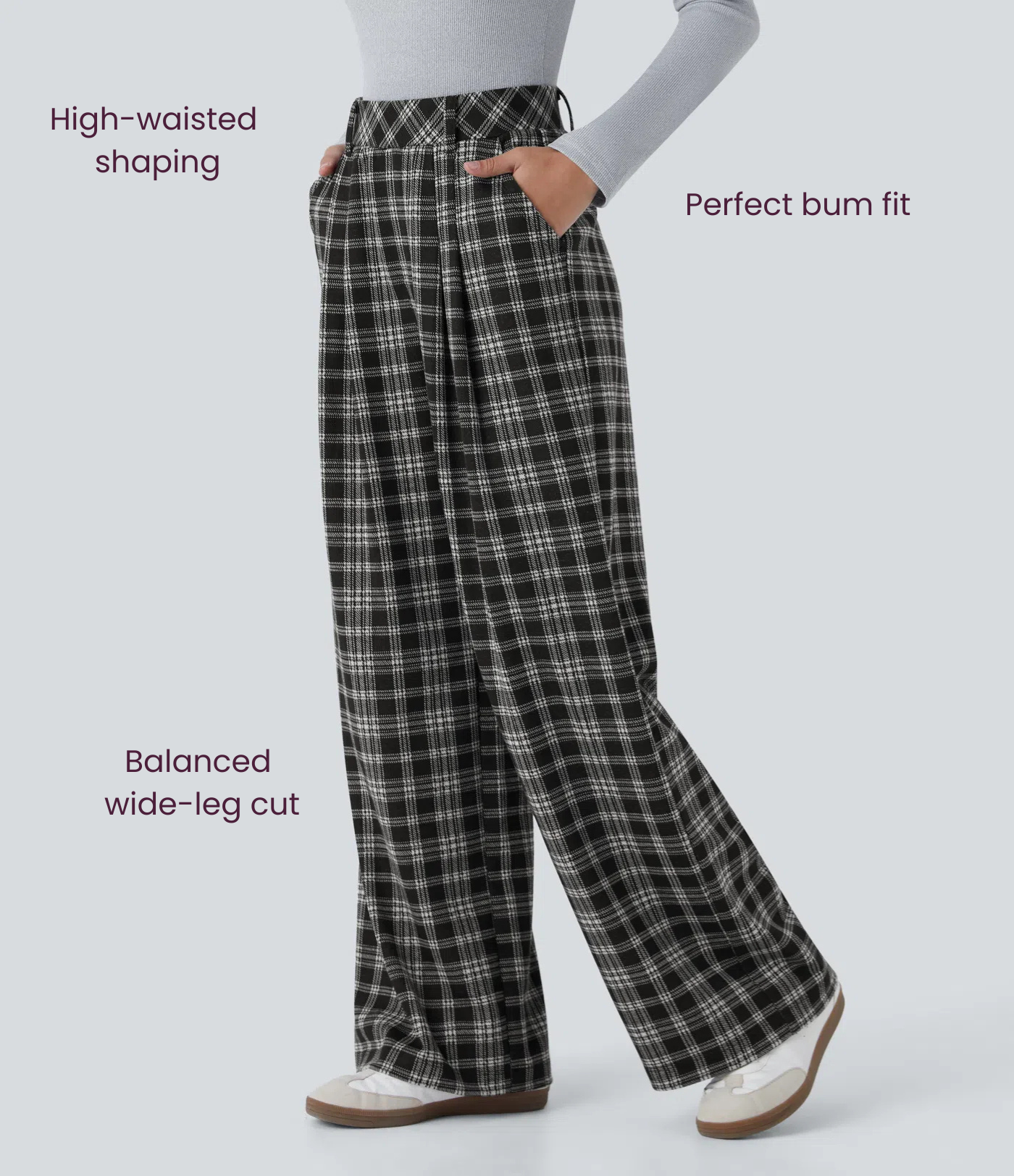 BumFlair - High Waisted Pocket Wide Leg Houndstooth Plaid Casual Pants