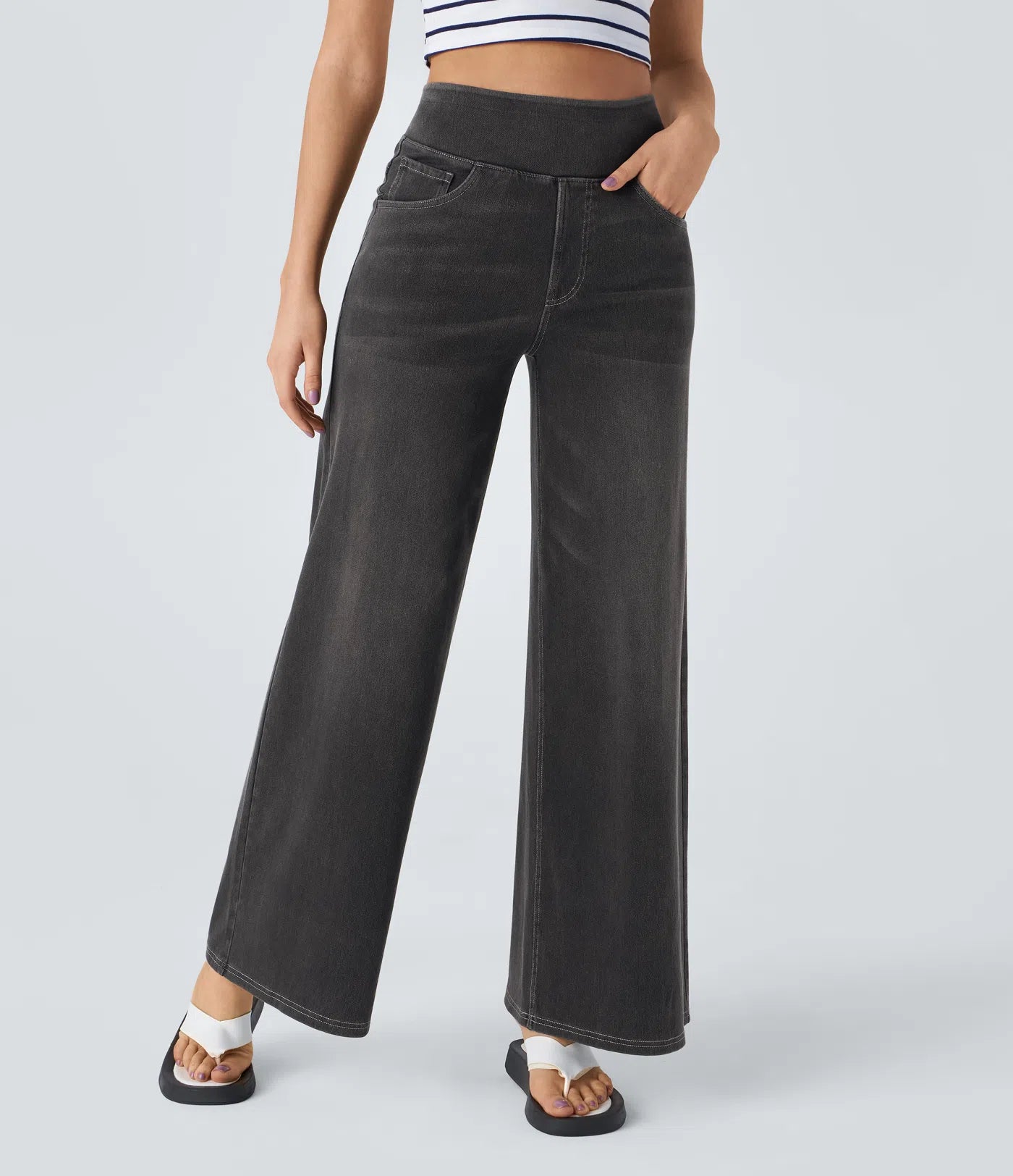BumFlair - High Waisted Pockets Baggy Wide Leg Washed Casual Jeans