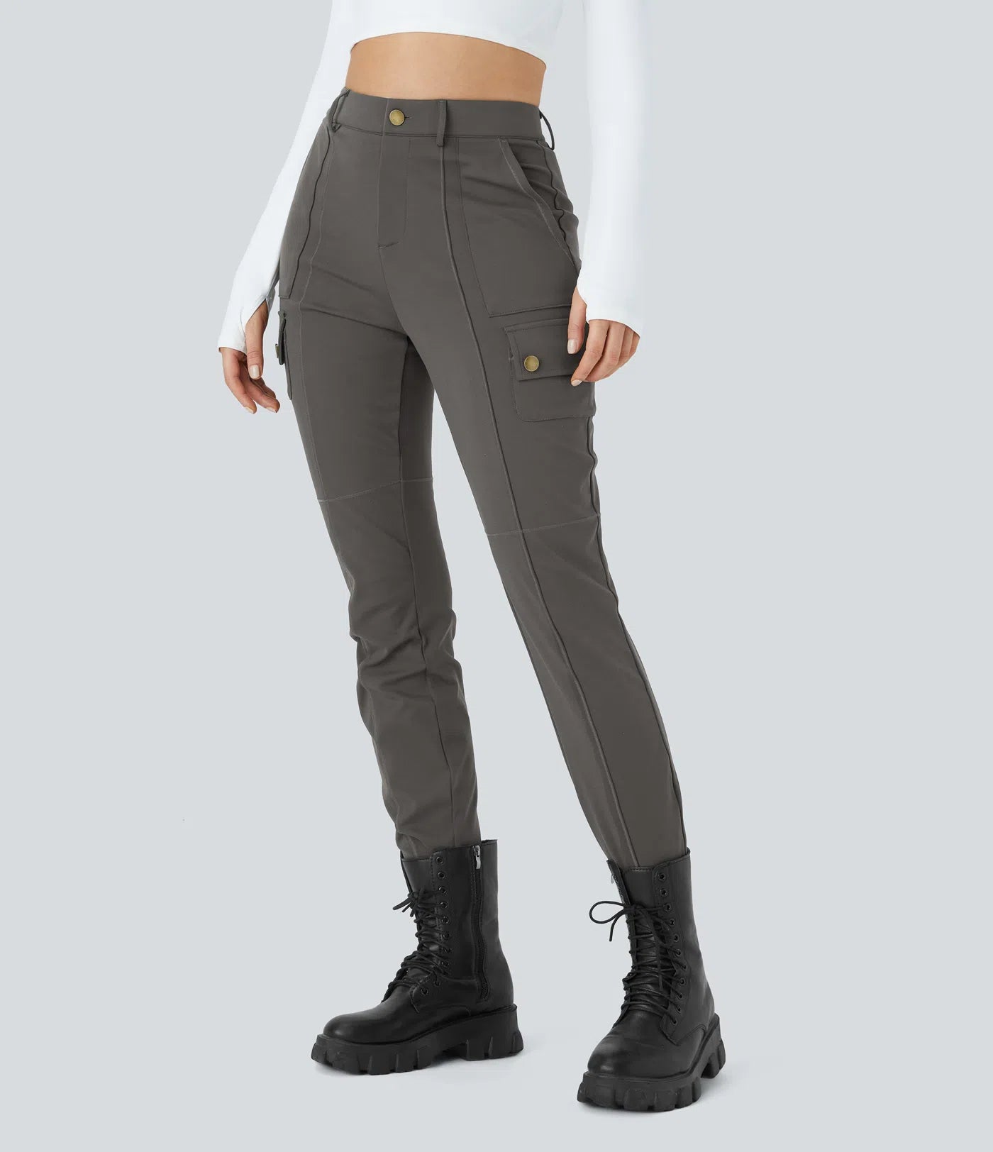 BumFlair - DayStretch High Waisted Zipper Pockets Solid Skinny Cargo Pants