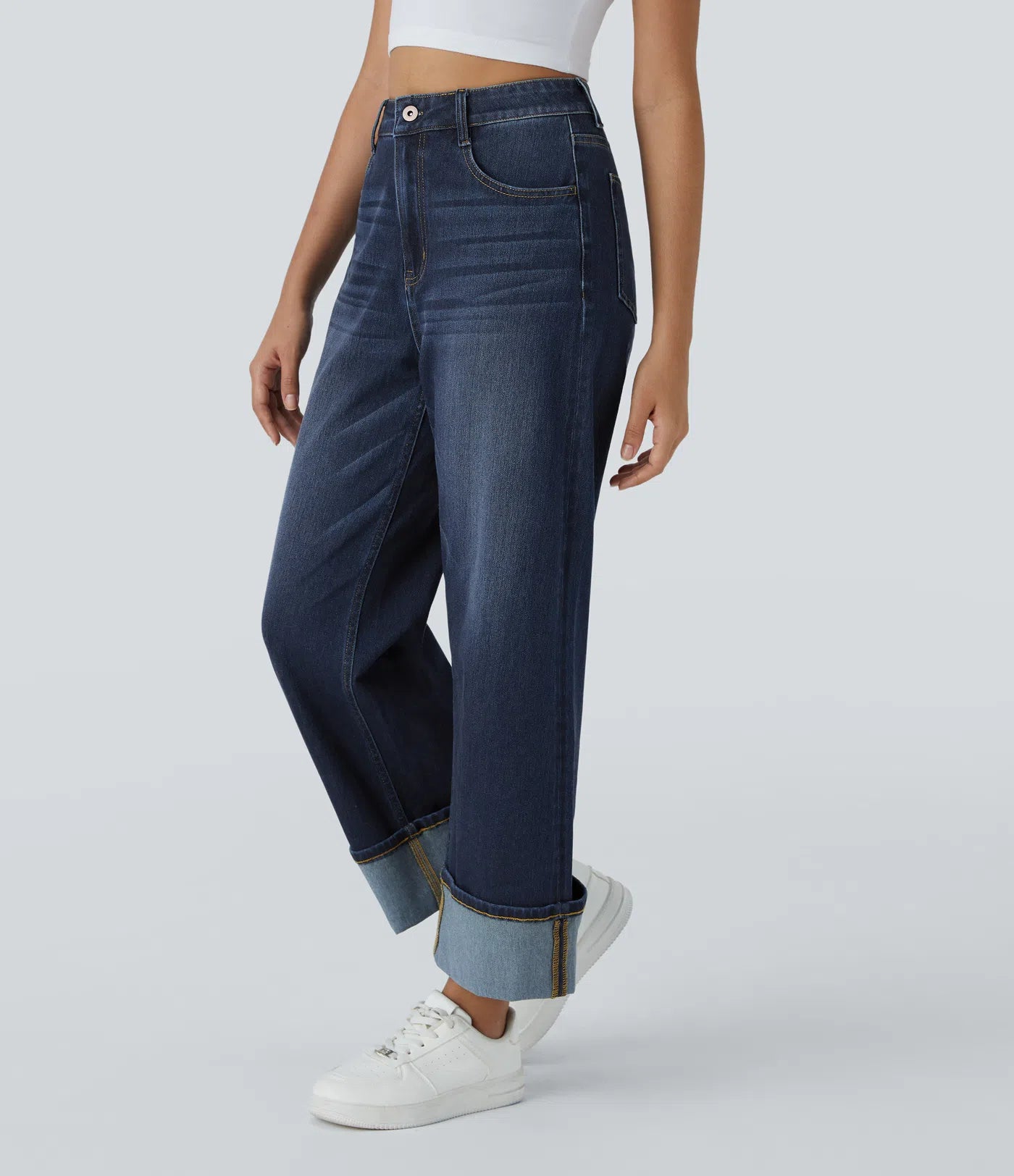 BumFlair - High Waisted Pockets Rolled Hem Wide Leg Washed Casual Jeans