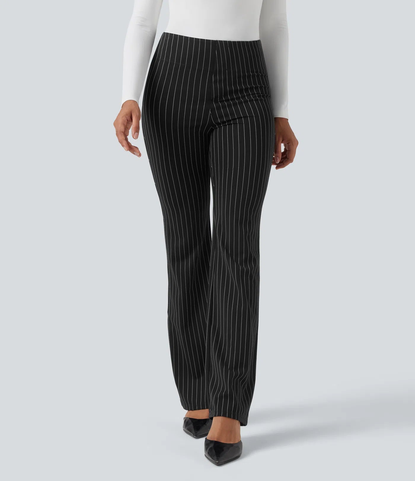 BumFlair - High Waisted Striped Work Flare Pants with Pockets