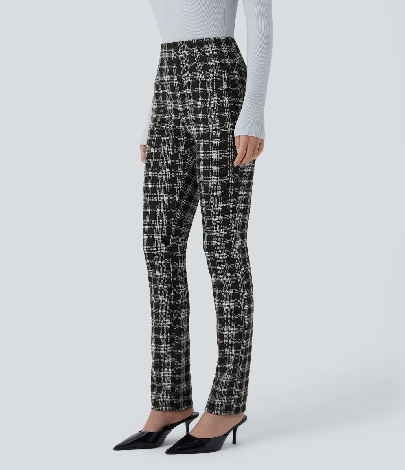 BumFlair – High Waisted Houndstooth Plaid Skinny Work Pants with Pockets