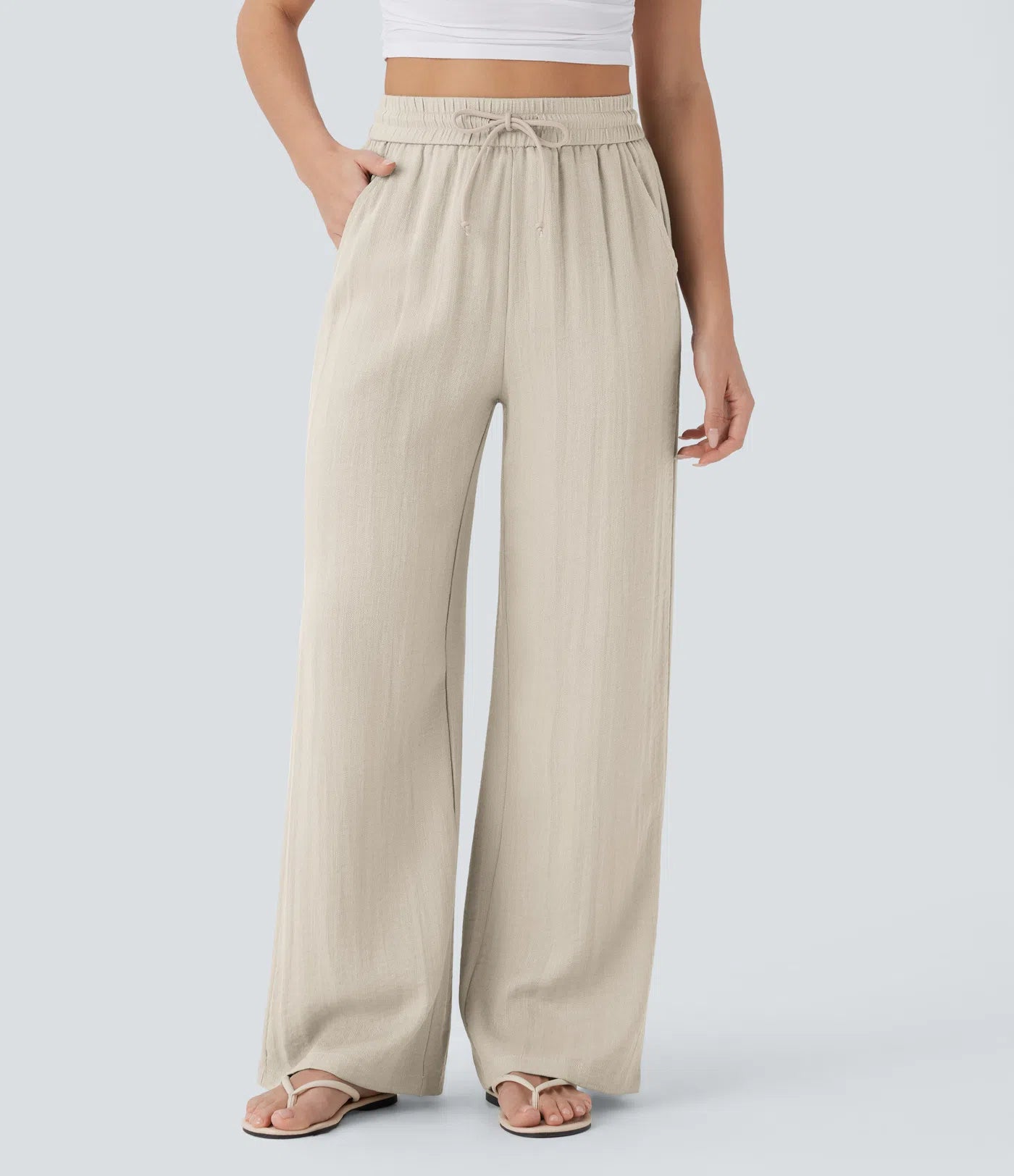BumFlair - High Waisted Drawstring Pocket Wide Leg Casual Linen-Feel Pants